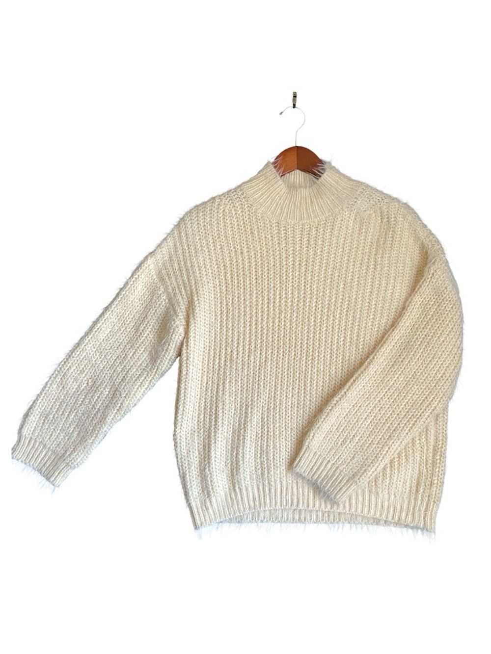 Princess Polly | Fuzzy Oversized Cream Ribbed Knit Mockneck Sweater| Size XS/S